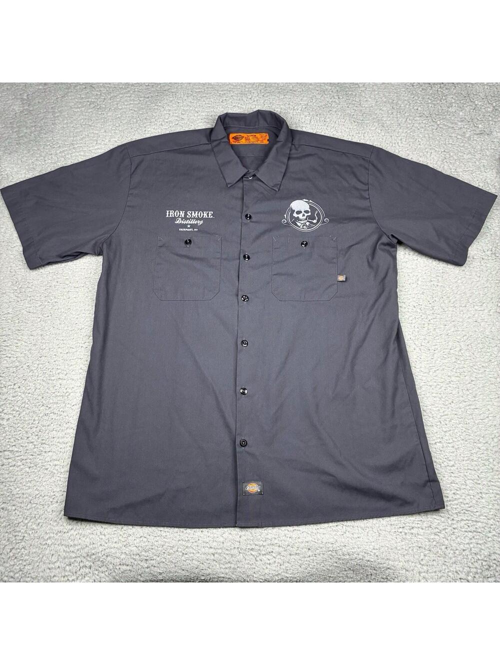 Dickies Work Shirt Mens XL Gray Iron Smoke Distillery Skull Mechanic Workwear